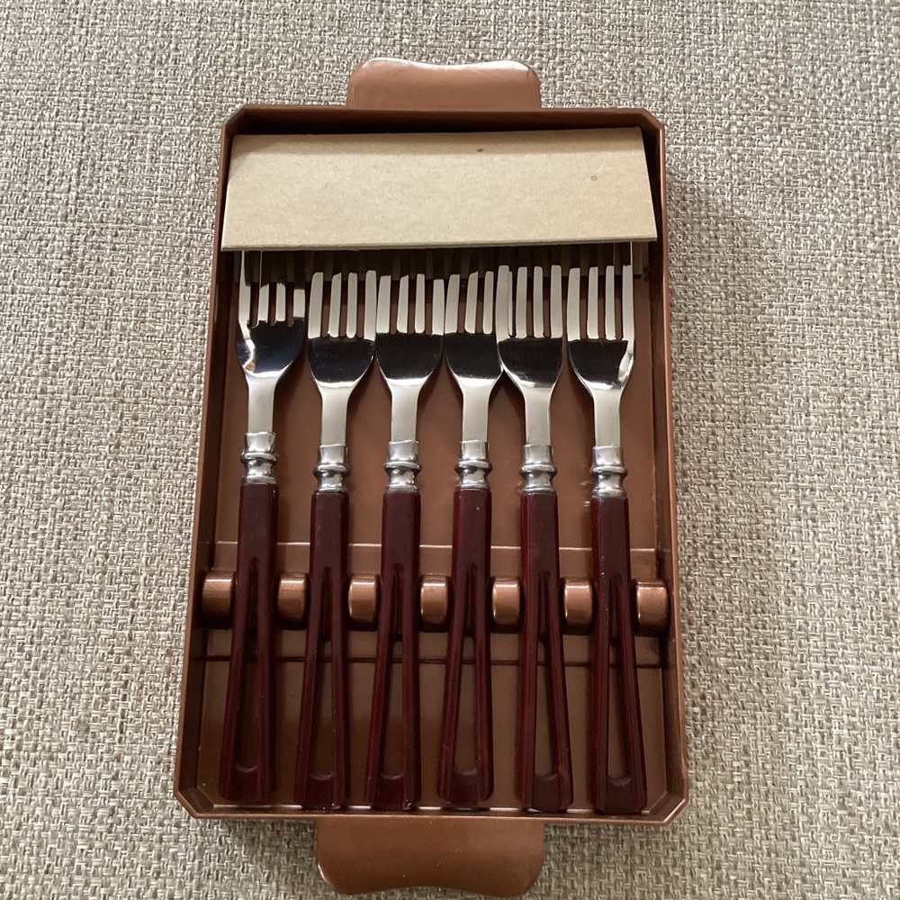 Vintage Stanhome Stainless Forks with Bakelite handles in case Set of 6